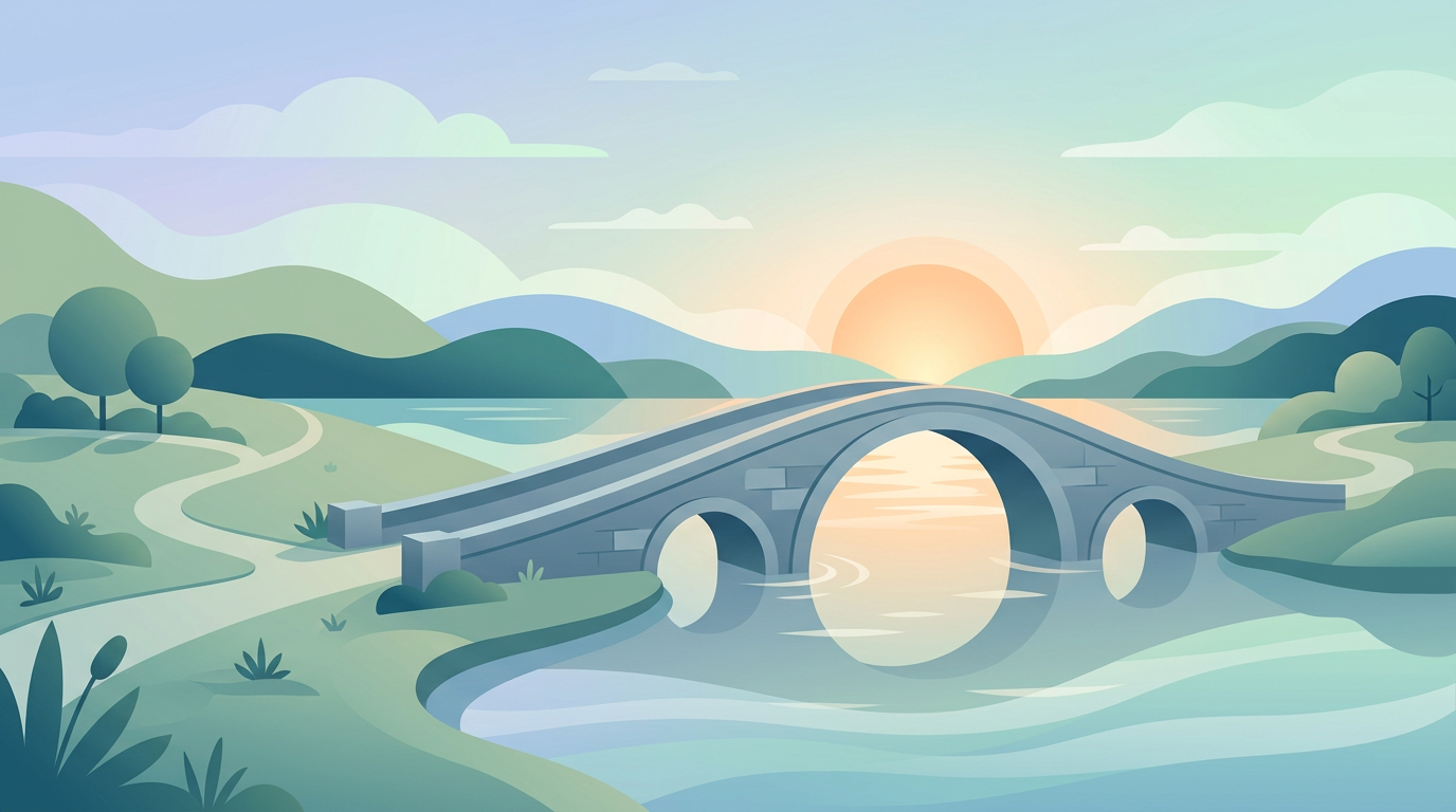A calm bridge over water toward sunrise, metaphor for dialogue and off-ramps