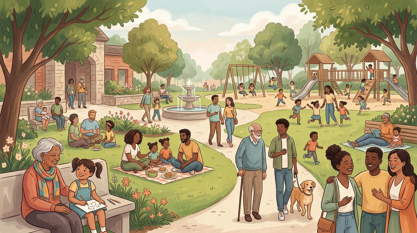 Ordinary people sharing a peaceful public space, civilians and children in soft daylight