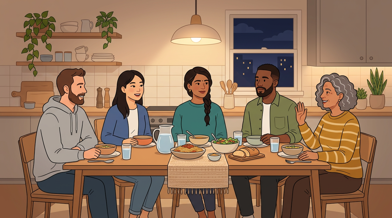 Hands pausing a heated conversation around a kitchen table