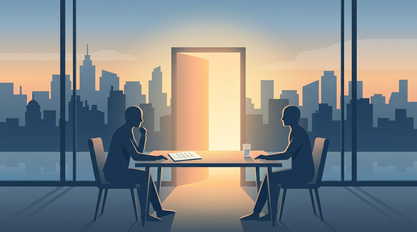 Soft dawn over a calm city with two people in dialogue and light suggesting an open door between them