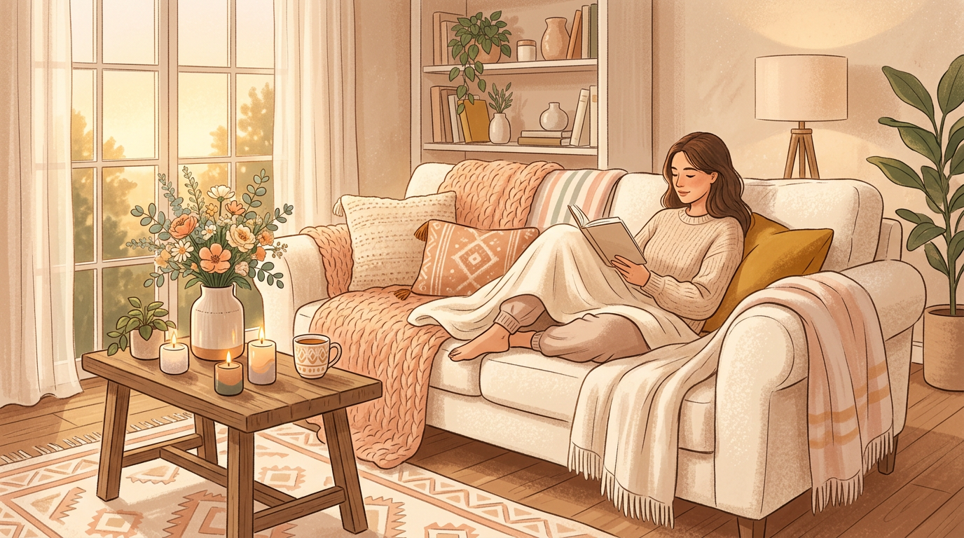 Warm living room with soft light, sofa, candles, and flowers for a stay-in pampering day