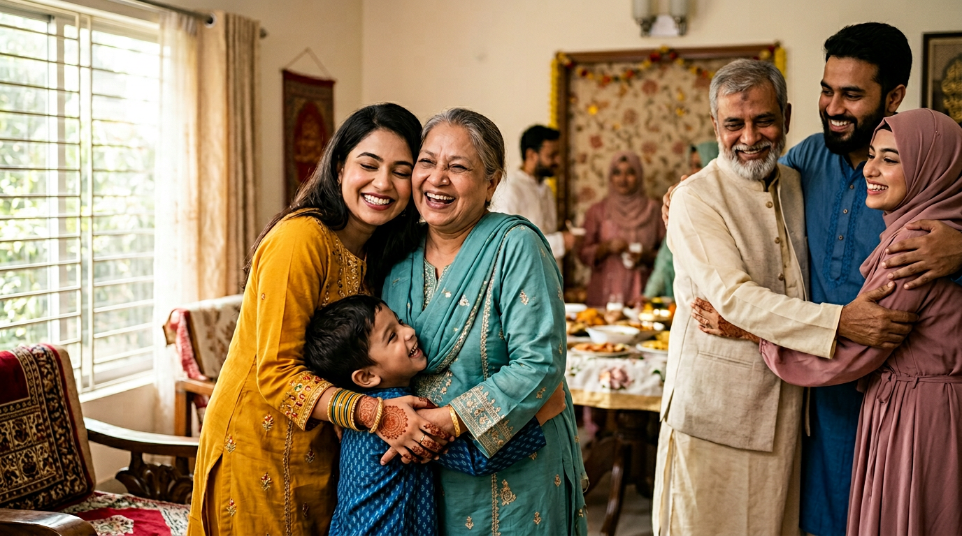 Photorealistic photo of a multi-generational family celebrating Eid together indoors
