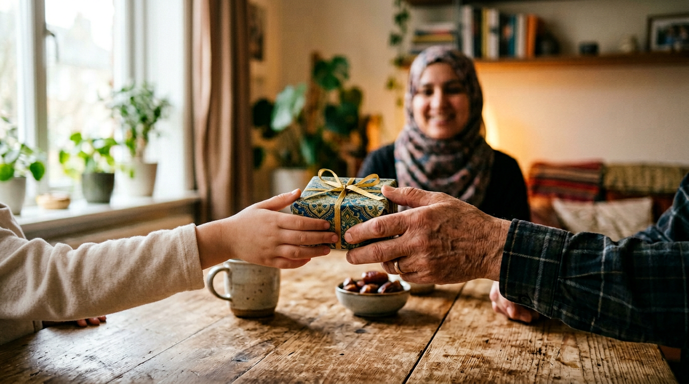 Photorealistic photo of hands exchanging a wrapped gift at home