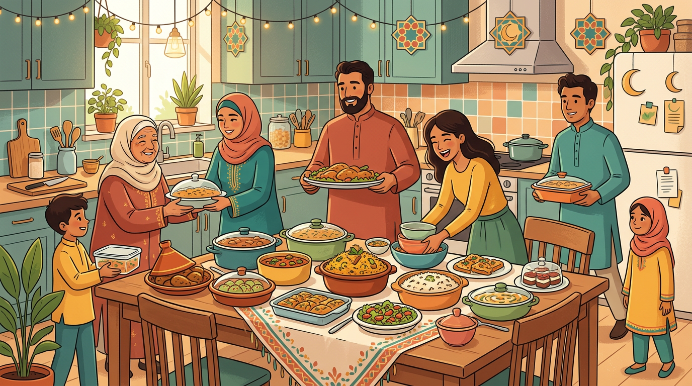 Family coordinating many dishes for a shared Eid meal