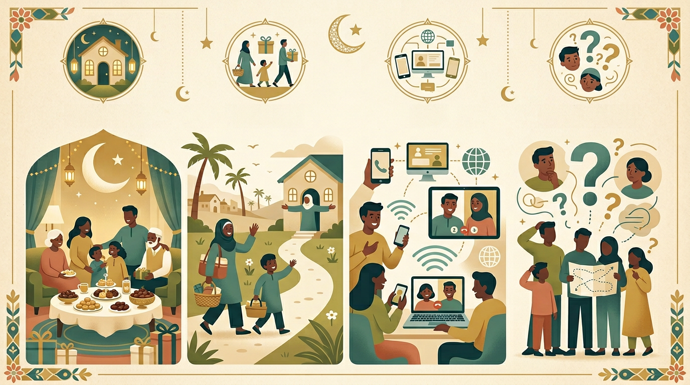 Illustration suggesting four Eid visit types—hosting, visiting, calls, and undecided