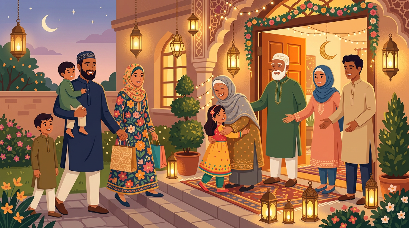 Warm illustration of family greeting relatives during Eid at a doorway