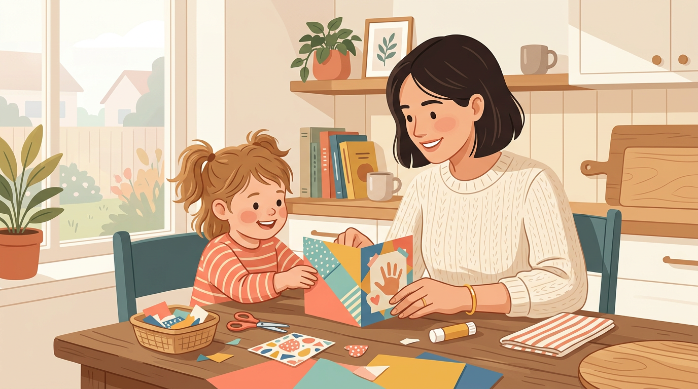 Parent and child crafting a handmade surprise card together at a sunlit table