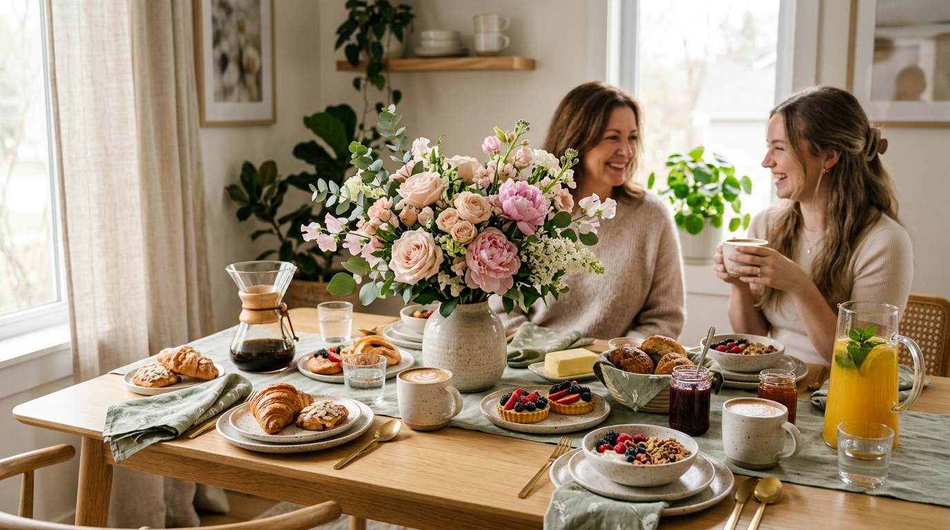 Soft morning light on a Mother's Day brunch table with flowers, pastries, and coffee