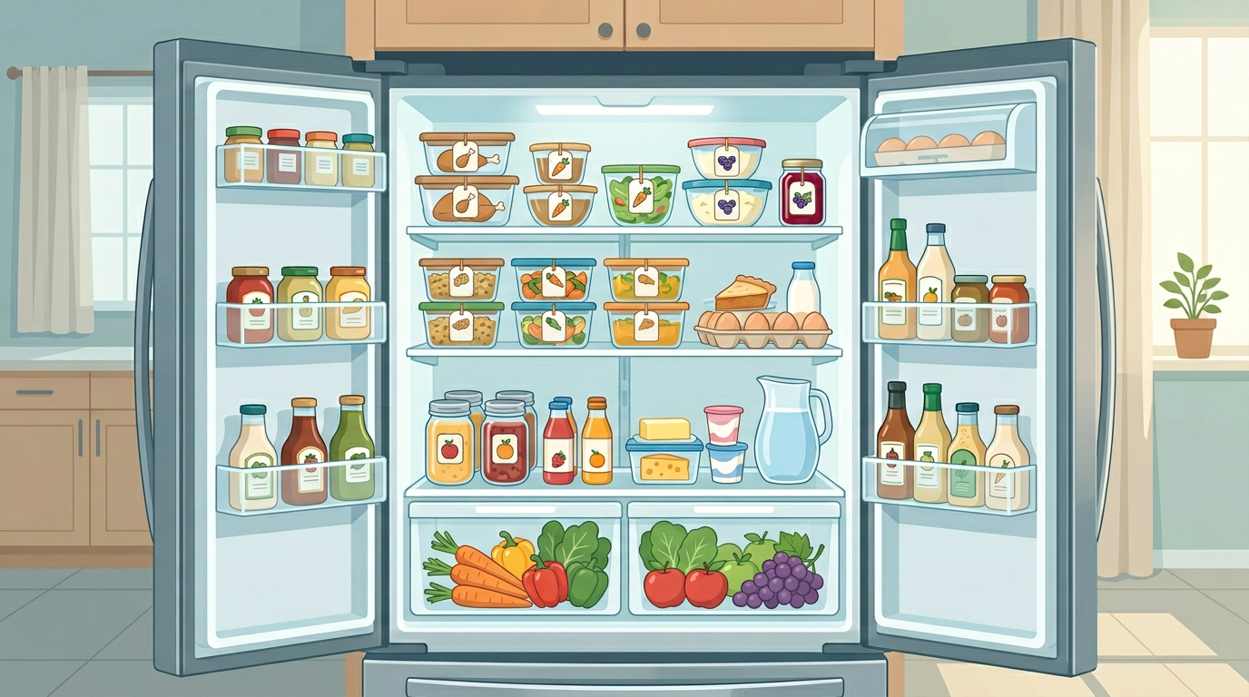 Organised fridge and labeled leftovers after a holiday gathering