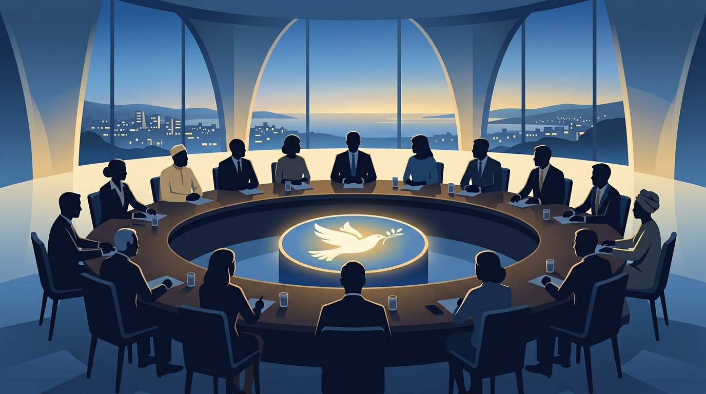 Silhouettes of leaders around a round table with a symbol of peace at the center