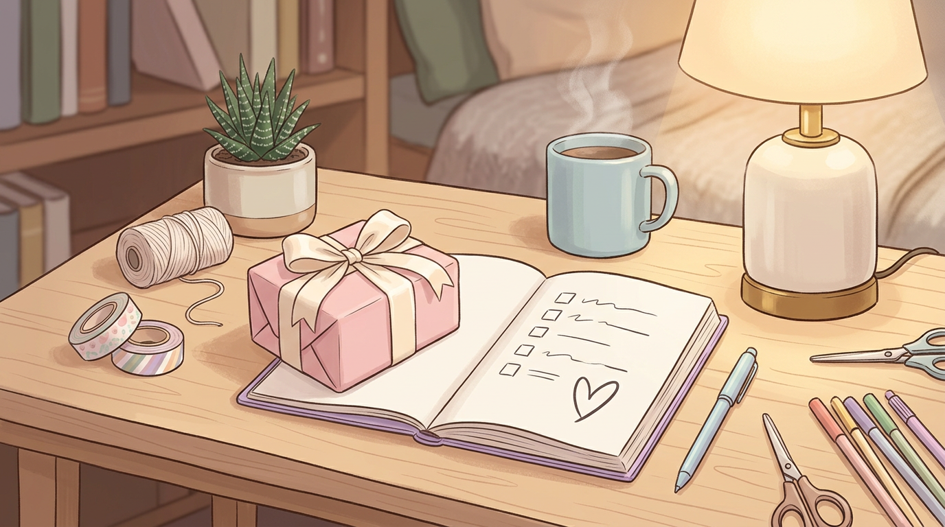 Tidy desk with a small wrapped gift and notebook—calm thoughtful gift planning