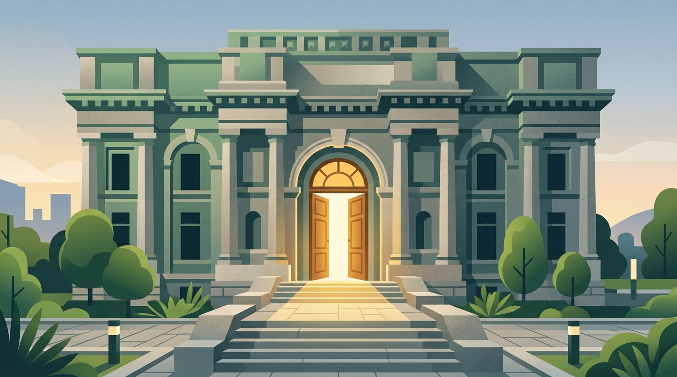 Institutional building with an open door and light, symbolizing follow-through beyond resolutions