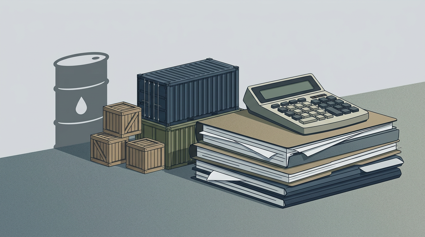 Abstract trade and logistics scene suggesting sanctions, exports, and economic levers