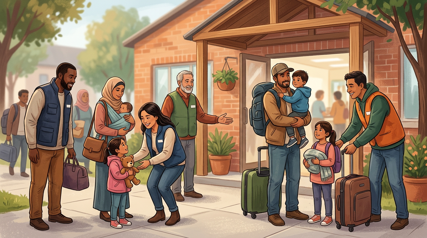 Volunteers welcoming displaced families with dignity at a shelter